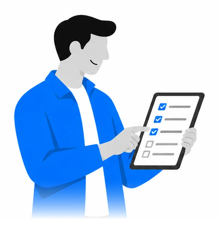 Ilustrație: manager de flotă care bifează pe tabletă termenele mașinilor