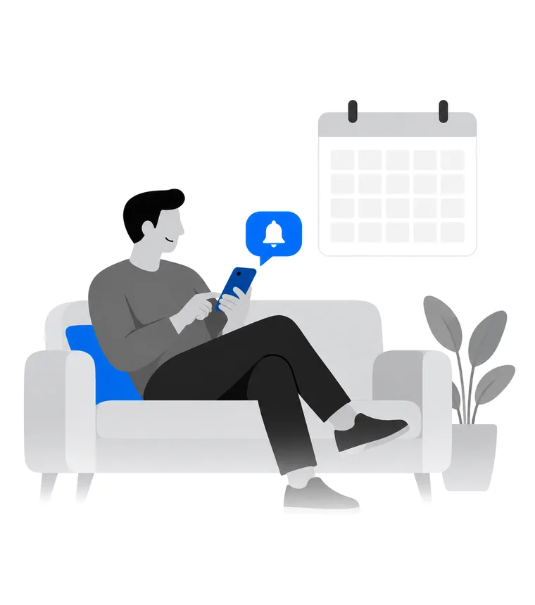 Ilustrație: o persoană pe canapea primește pe telefon o notificare